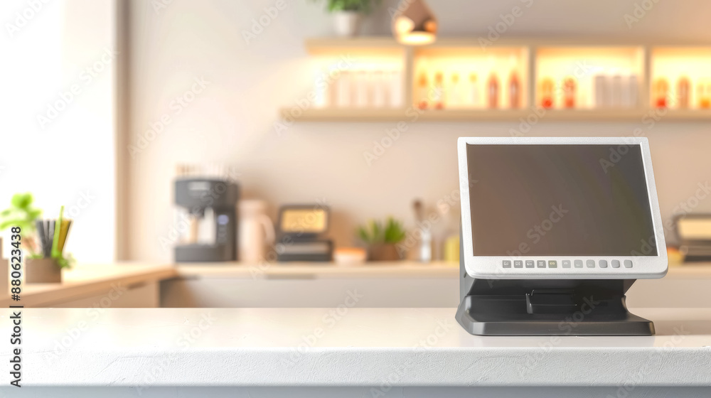 Touchscreen cash register standing on counter in restaurant waiting for cashier Touchscreen cash register standing on counter in restaurant waiting for cashier