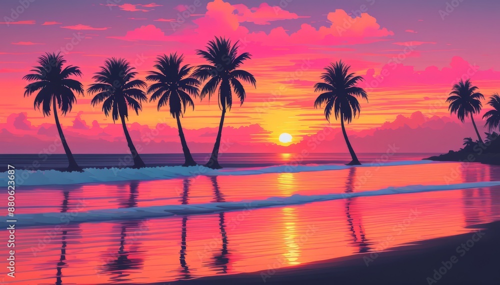 palm trees on the beach against the backdrop of sunset in retrowave palm trees on the beach against the backdrop of sunset in retrowave