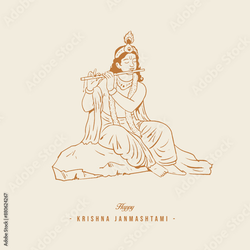 Lord Krishna's minimal line drawing illustration, outline sketch for Krishna Janmashtami's social post design 
