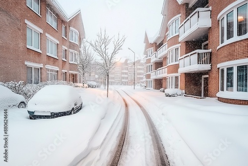 Winter Wonderland: Snow-Covered Street in Urban Neighborhood