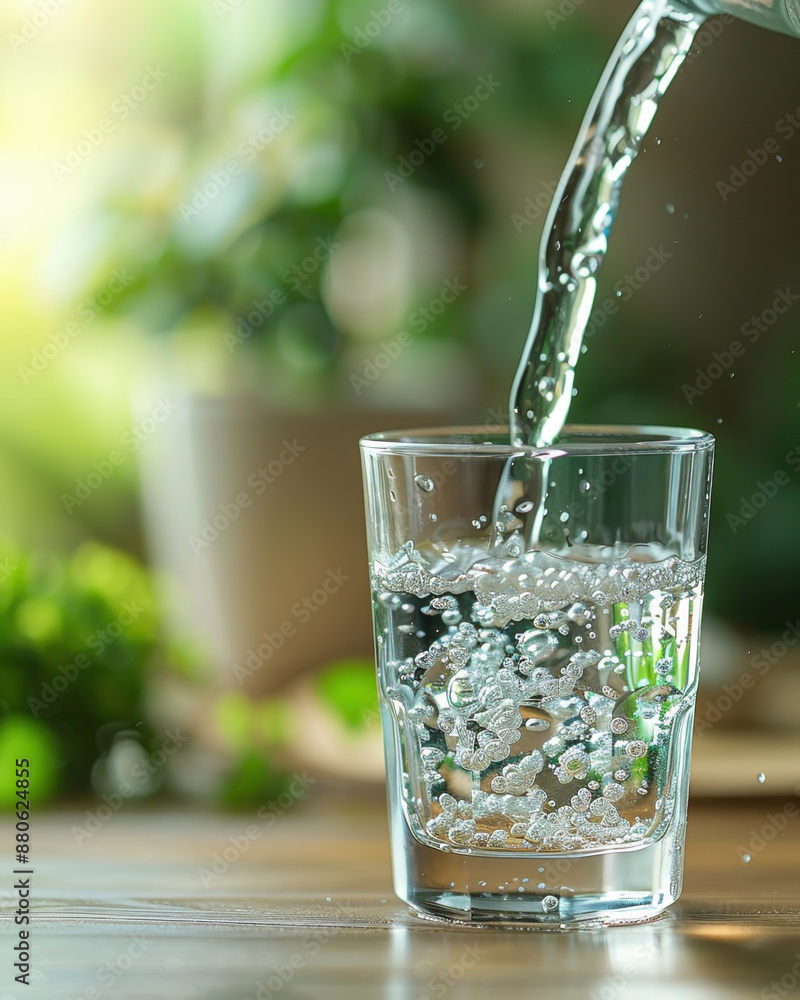 Drinking water is poured into glass with splashes and bubbles, isolated on on the table Drinking water is poured into glass with splashes and bubbles, isolated on on the table
