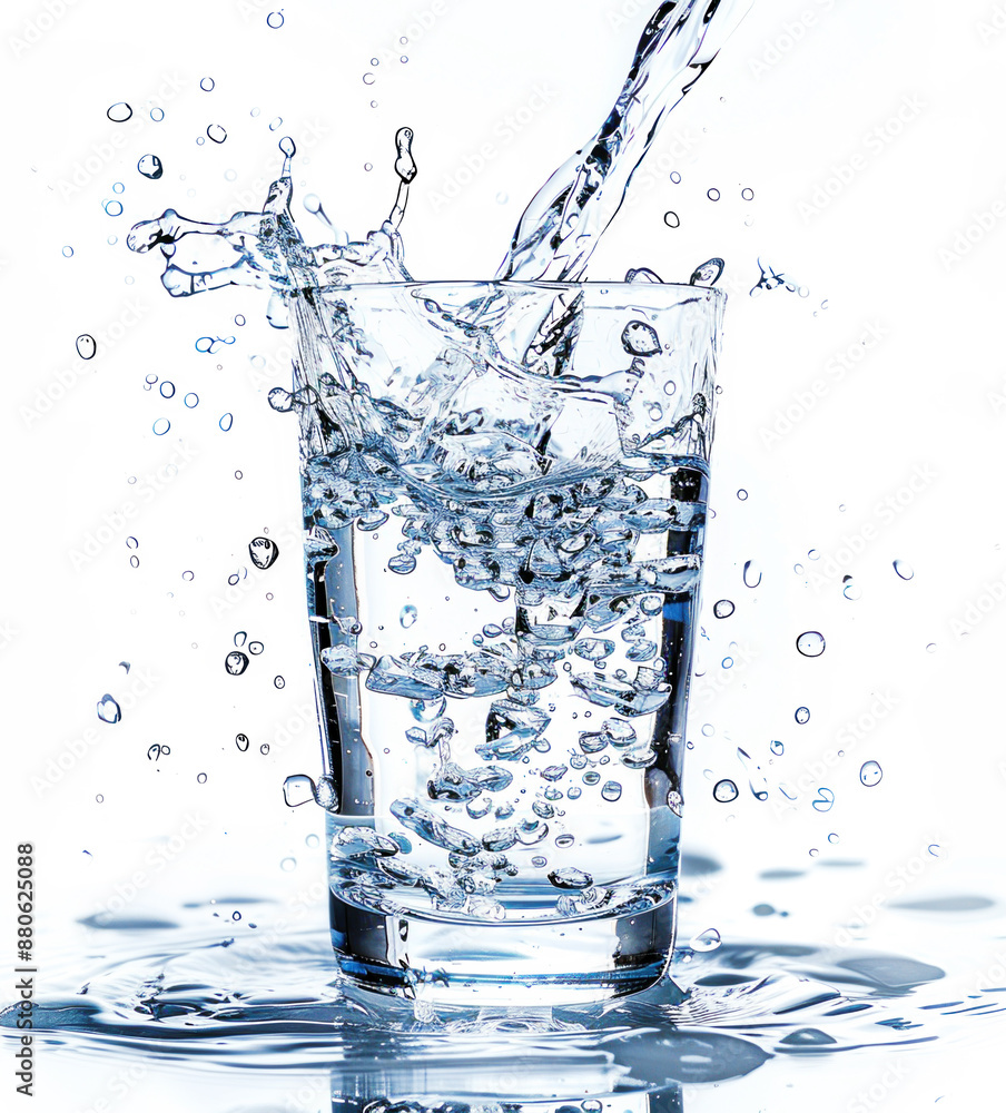 Drinking water is poured into a glass with splashes and bubbles, isolated on a white background Drinking water is poured into a glass with splashes and bubbles, isolated on a white background