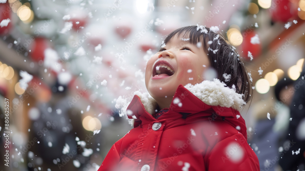 雪の降る広場で雪をキャッチする子供 雪の降る広場で雪をキャッチする子供