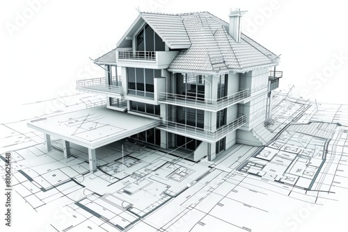 Architectural House Model on Blueprint