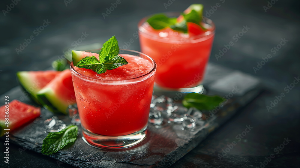 Refreshing watermelon juice with mint leaves, served in a chilled glass with a watermelon slice garnish. Refreshing watermelon juice with mint leaves, served in a chilled glass with a watermelon slice garnish.