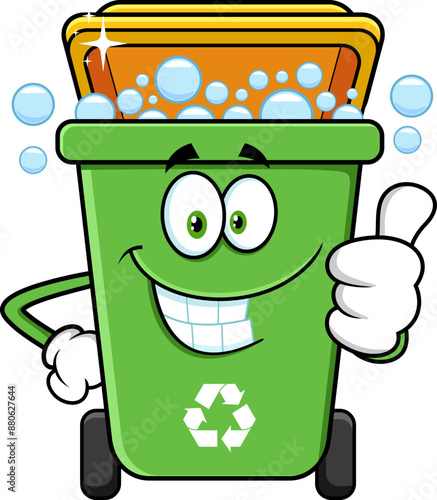 Green Recycle Trash Bin Cartoon Character Cleaning And Giving The Thumbs Up. Vector Hand Drawn Illustration Isolated On Transparent Background