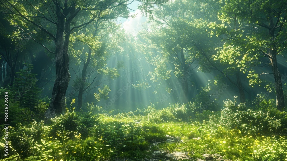 Obraz premium Serene forest with sunbeams filtering through the trees, creating a peaceful atmosphere
