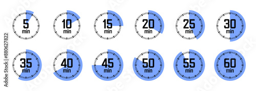 Simple stopwatch icons. Colorful chronometer, time counter with dial. Countdown timer showing hours and minutes. Deadline, measurement for sport. Cooking time label, sticker. Vector illustration