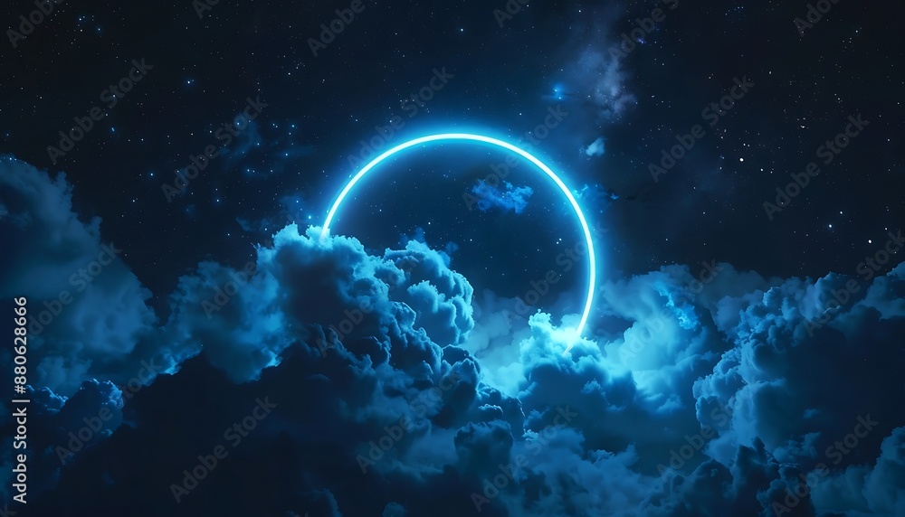 Neon circle on the background of the night sky with clouds. Neon circle on the background of the night sky with clouds.