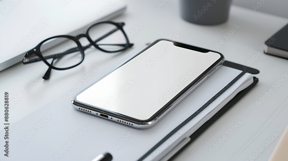Modern Workspace with Smartphone and Glasses Modern Workspace with Smartphone and Glasses