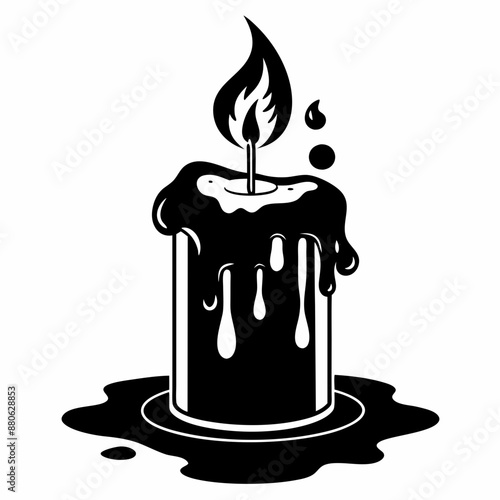 Vector illustration of a black and white candle with a flickering flame and dripping wax, silhouette