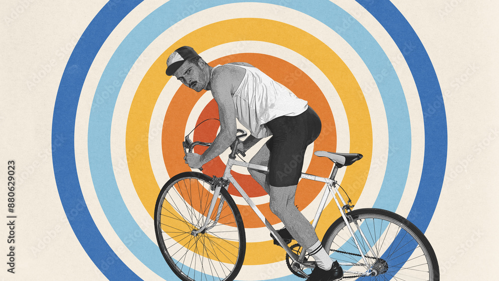 Fototapeta premium Man in retro-style clothes riding on bike with determined face against light background with abstract colorful element. Creative design. Concept of sport, competition, marathon, triathlon, endurance
