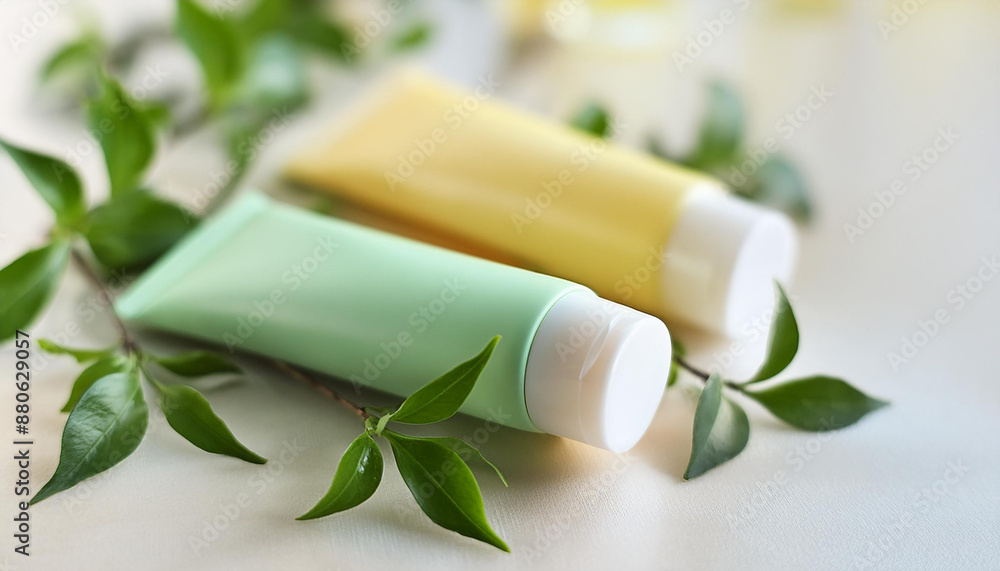 Pastel green and yellow plastic tubes of cream. Cosmetic product. Package mock up for beauty product Pastel green and yellow plastic tubes of cream. Cosmetic product. Package mock up for beauty product