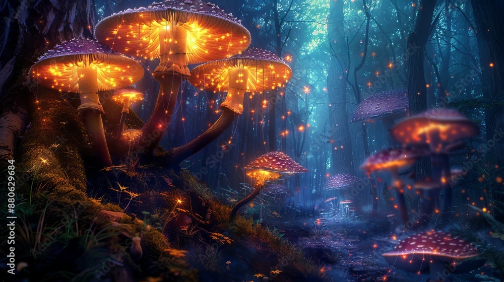 Glowing mushrooms light up a dark forest, creating a magical scene. The beautiful fungus glows brightly, adding an otherworldly touch to the night. Glowing mushrooms light up a dark forest, creating a magical scene. The beautiful fungus glows brightly, adding an otherworldly touch to the night.