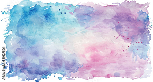 watercolor square rectangle background with brushstrokes and splashes, blue and pink