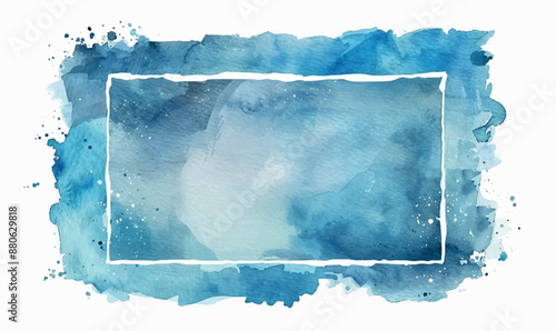 watercolor square rectangle background with brushstrokes and splashes, blue colors