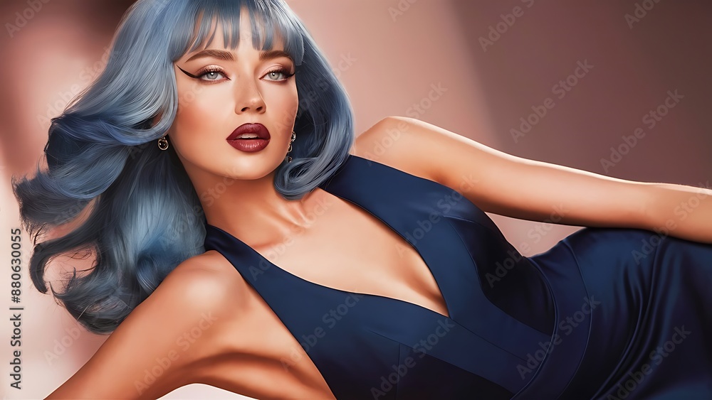 glamorous fashion portrait of woman model with blue hairs and blue eyes, attractive makeup and chic style glamorous fashion portrait of woman model with blue hairs and blue eyes, attractive makeup and chic style