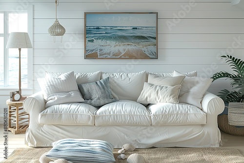 Coastal Cottage Living Room with a white slipcovered sofa, seashell accents, beachy artwork, and a laid-back, coastal vibe. Coastal home decor. photo