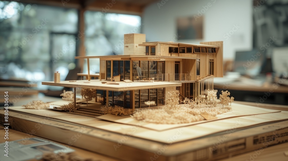 A detailed modern architectural house model displayed on a table in a studio, showcasing contemporary design and creativity A detailed modern architectural house model displayed on a table in a studio, showcasing contemporary design and creativity