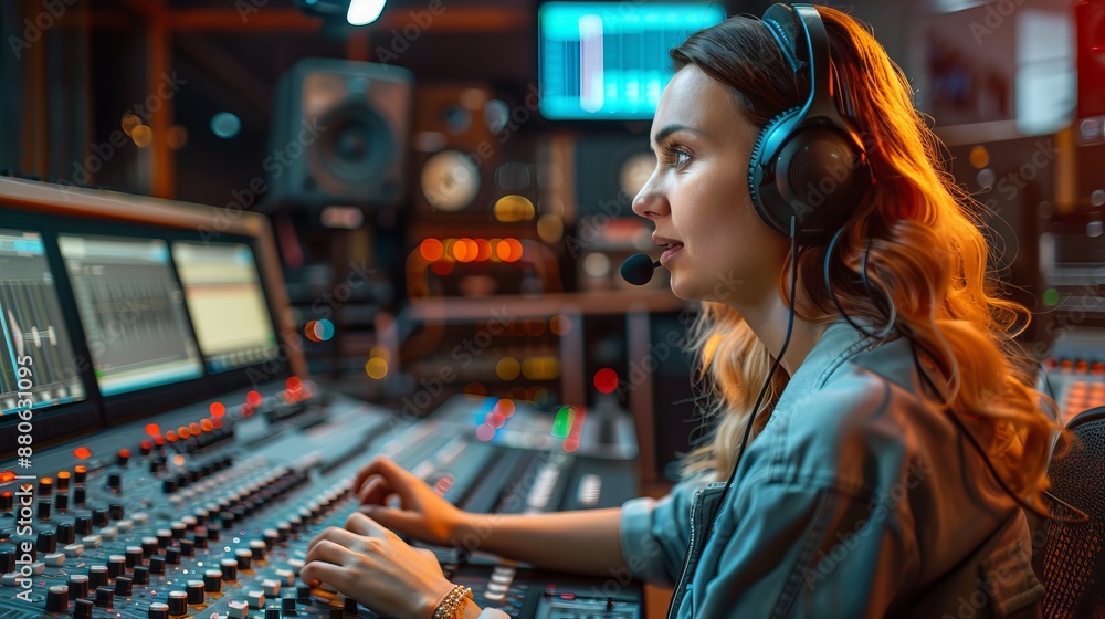 Woman broadcasting live from modern radio station with high-tech equipment, microphone, and headphones, engaged in a dynamic discussion or interview, capturing the essence of contemporary media produc Woman broadcasting live from modern radio station with high-tech equipment, microphone, and headphones, engaged in a dynamic discussion or interview, capturing the essence of contemporary media produc