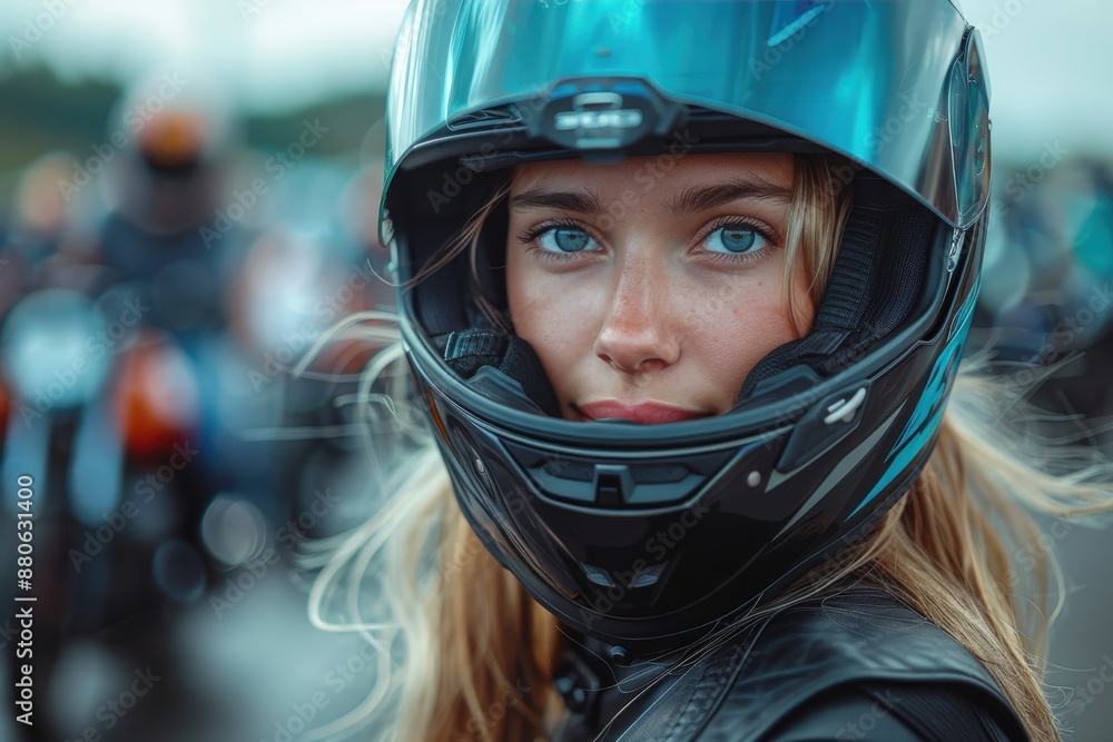 A woman biker in a helmet looks back at the camera while outdoors, showcasing confidence, readiness, and the thrill of biking with a mixture of speed and safety. A woman biker in a helmet looks back at the camera while outdoors, showcasing confidence, readiness, and the thrill of biking with a mixture of speed and safety.