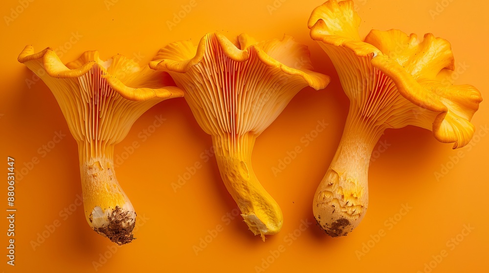 Golden-orange chanterelle mushrooms stand out against a vibrant orange backdrop. Golden-orange chanterelle mushrooms stand out against a vibrant orange backdrop.