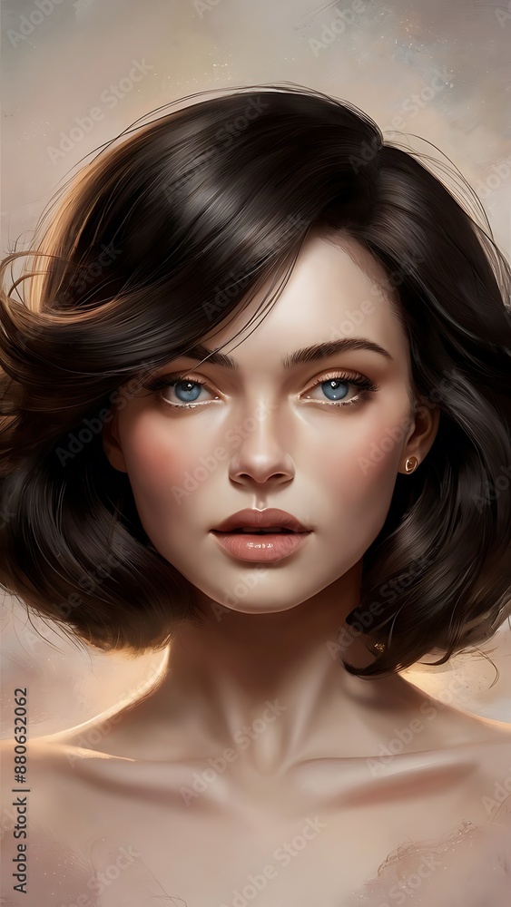 Naklejka premium Beauty female face. Beautiful brunette woman, portrait close up. Portrait of Beauty woman with blue eyes. Beauty face.