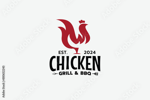 chicken grill and bbq logo with a combination of chicken, fire and bbq tools for food businesses, restaurants, cafes, food trucks, etc.