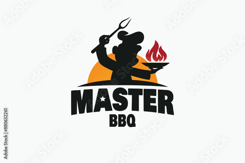 master bbq logo with a combination of a chef holding a spatula, pan, and fire for food businesses, restaurants, cafes, food trucks, etc.