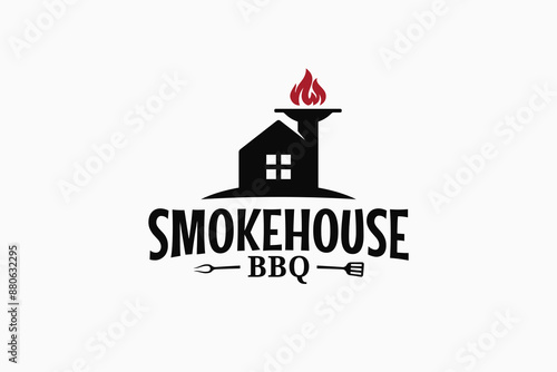 smoke house logo with a combination of house, fire and BBQ tools for food businesses, restaurants, cafes, food trucks, etc.