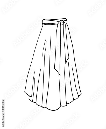 Fashionable women's skirt. Maxi skirt with pleats and waistband. Hand-drawn illustration isolated on white