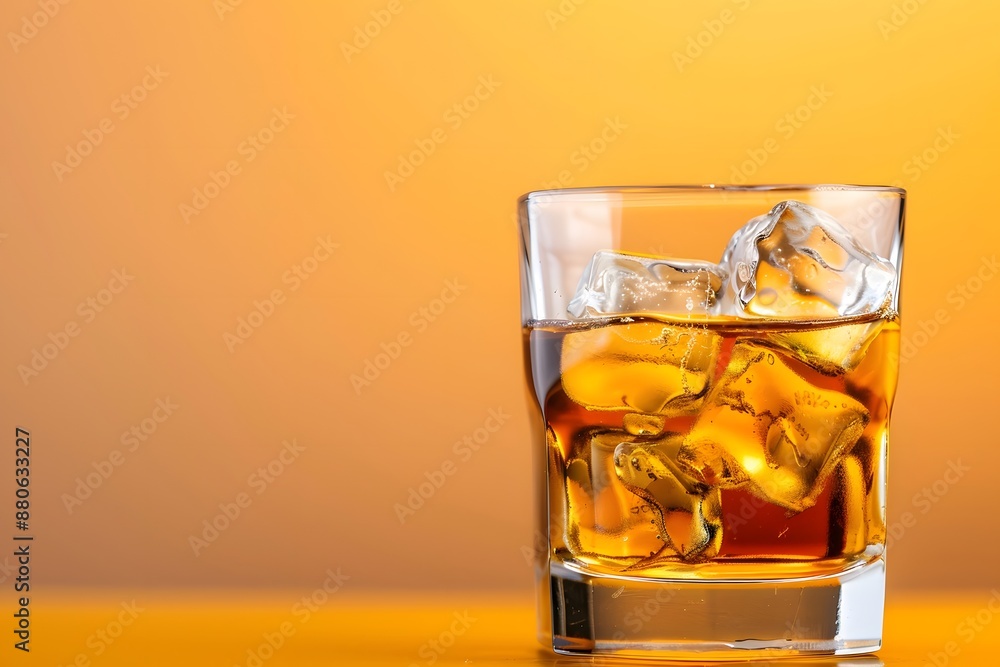 A glass of ice cold whiskey sits on a table A glass of ice cold whiskey sits on a table