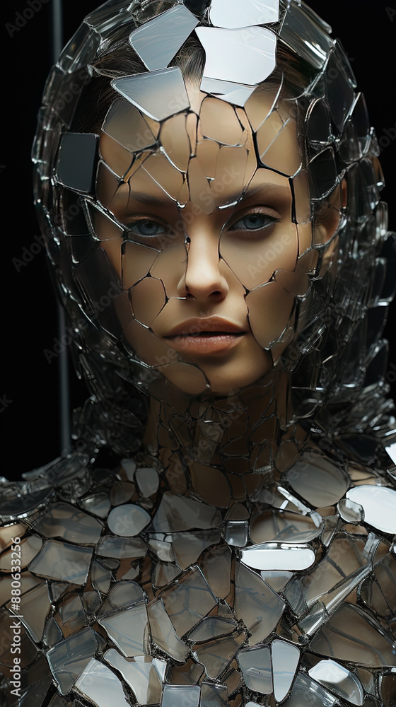 Beautiful Women Portrait With Ceramic And Metal Art Make Up On Blurry Background Beautiful Women Portrait With Ceramic And Metal Art Make Up On Blurry Background