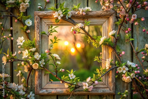 Softly lit spring blooms unfurl from delicate buds in a distressed frame surrounded by lush greenery, evoking warmth and serene beauty