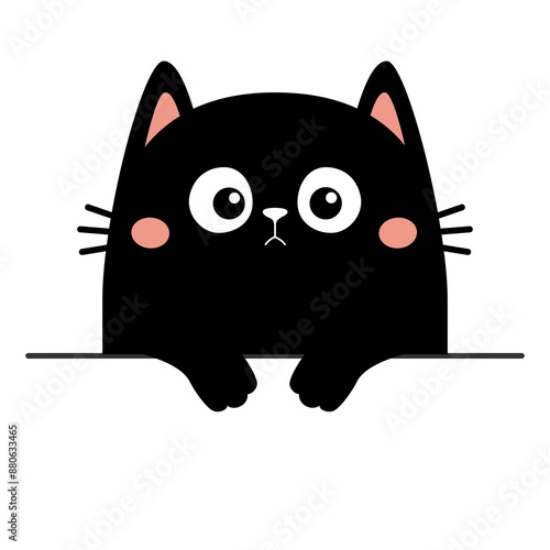 Cat kitty black silhouette holding empty paper. Peeking kitten. Sad face, paws. Cute kawaii cartoon funny baby character. Happy Valentines Day. Childish style. White background. Flat design. Vector