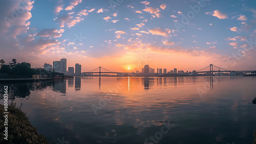 朝日に輝く東京湾