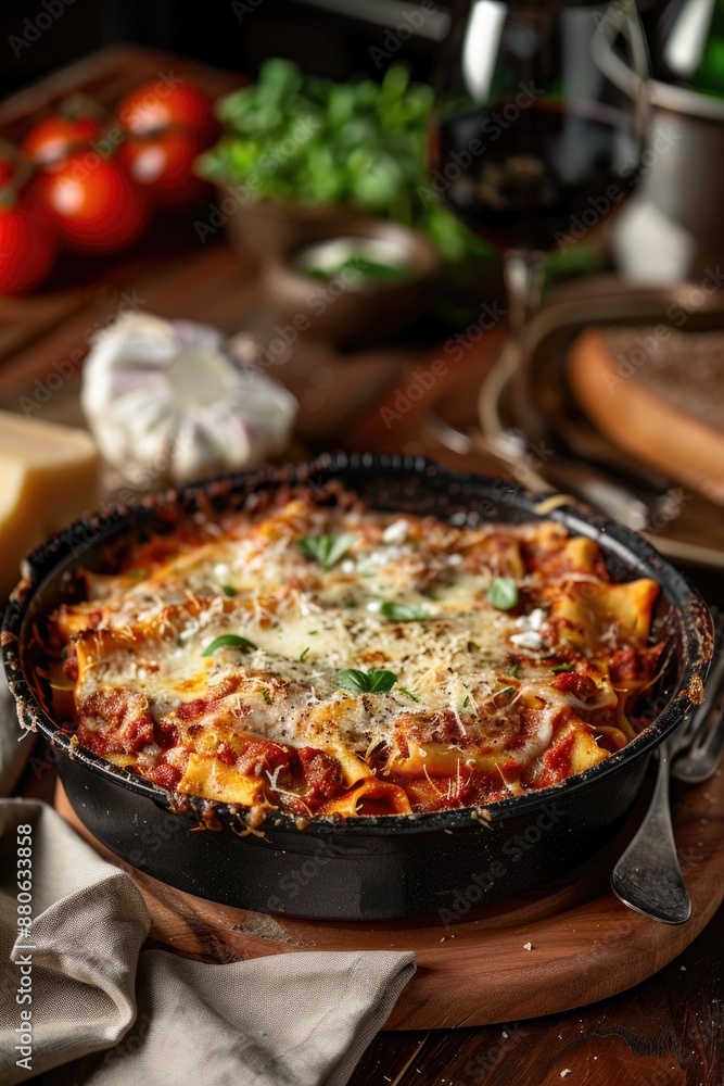Delicious Homemade Lasagna with Fresh Ingredients in Rustic Italian Kitchen Delicious Homemade Lasagna with Fresh Ingredients in Rustic Italian Kitchen