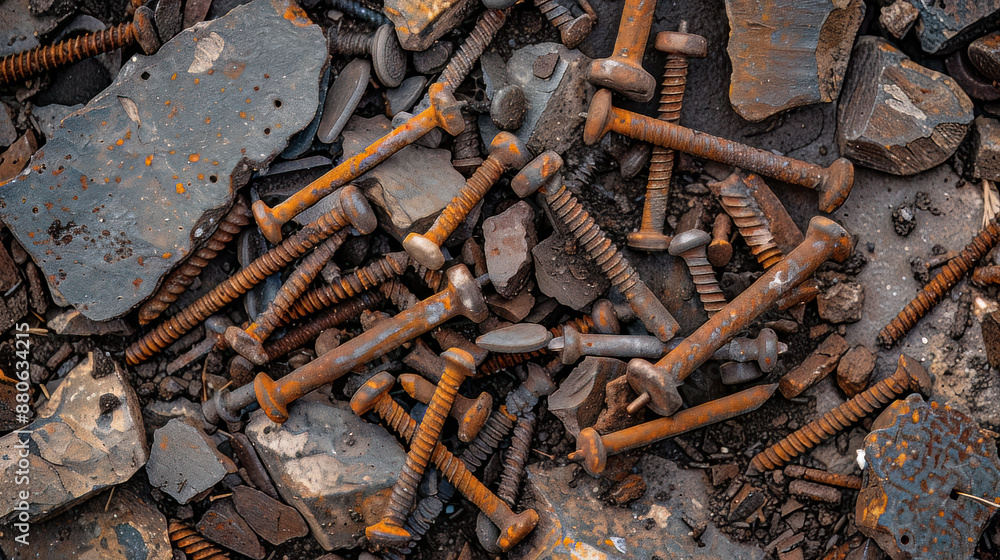 Rusty nails and screws scattered on the ground, creating an abstract background. Rusty nails and screws scattered on the ground, creating an abstract background.