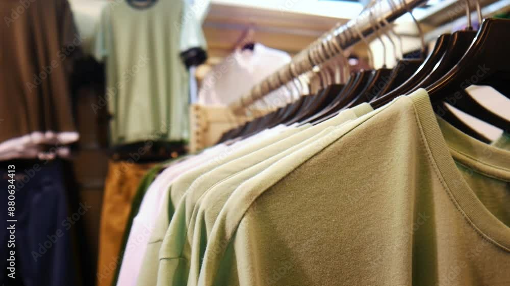 Close-up of a many T-shirts hanging on a rack in a youth clothing store Close-up of a many T-shirts hanging on a rack in a youth clothing store