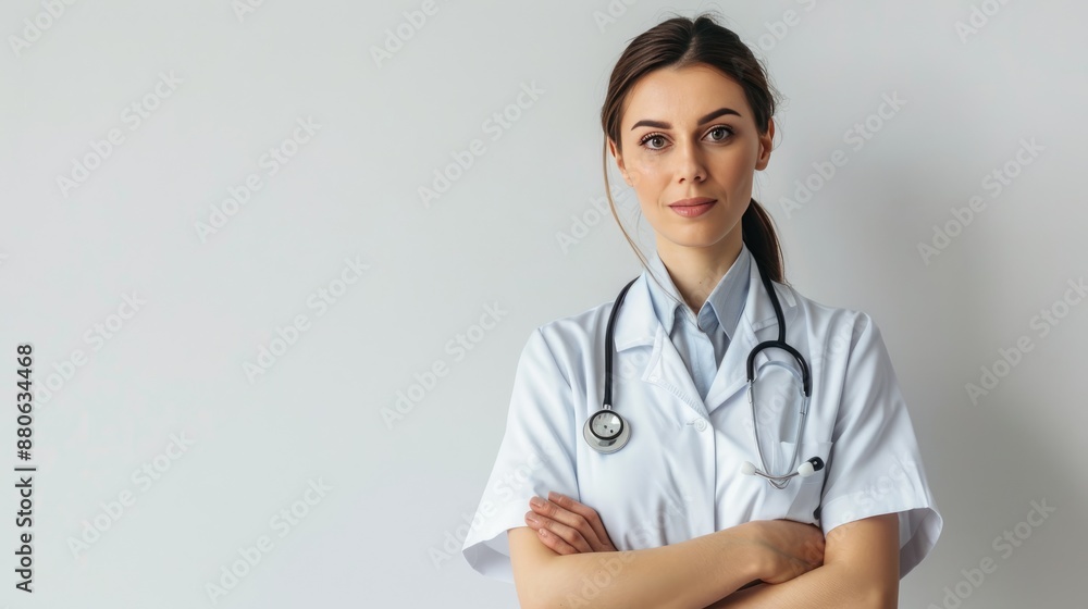 A young doctor is a woman in a white coat on a light background. She looks at the camera and smiles. The concept of health and care. A young doctor is a woman in a white coat on a light background. She looks at the camera and smiles. The concept of health and care.