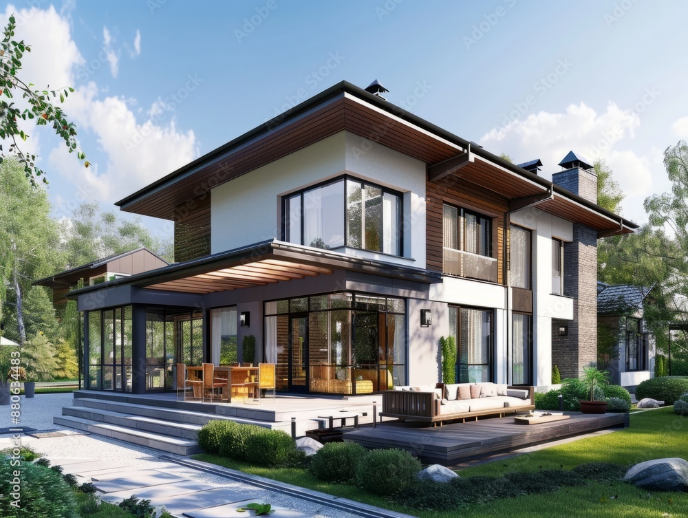 A contemporary two-story house with large windows and a spacious patio, set in a lush green environment under a bright sky. A contemporary two-story house with large windows and a spacious patio, set in a lush green environment under a bright sky.