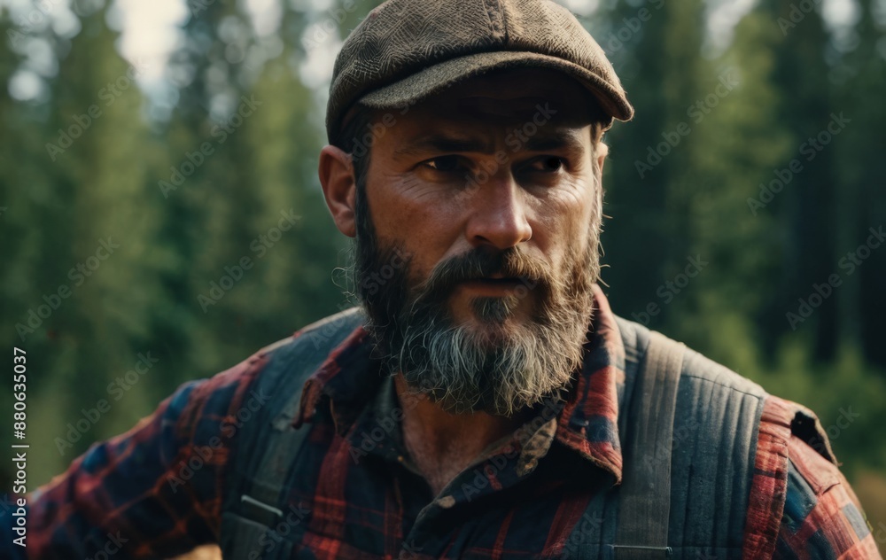 Portrait of a pensive bearded man in nature in the woods Portrait of a pensive bearded man in nature in the woods