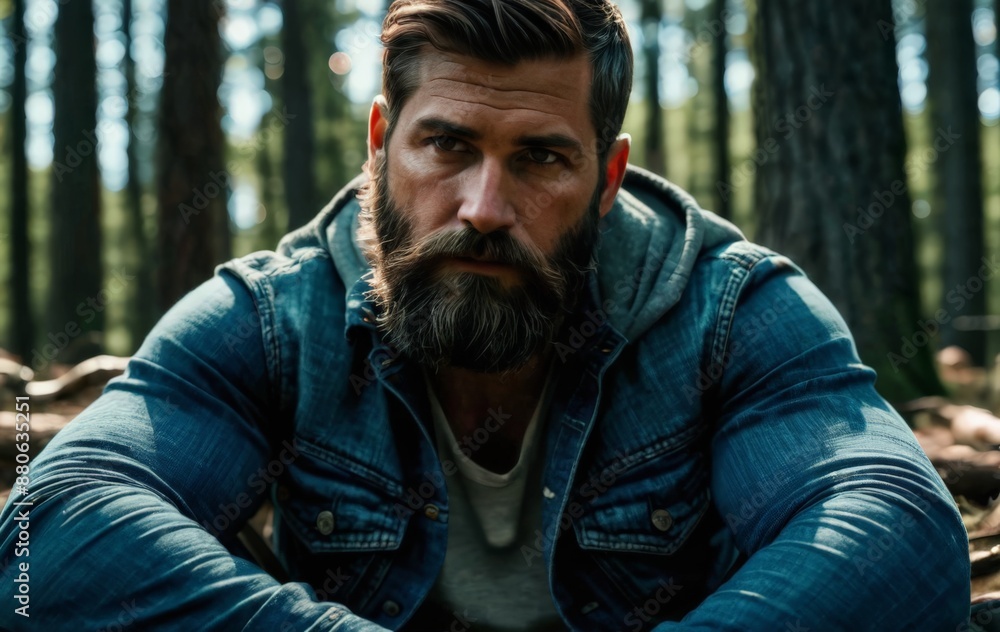Portrait of a pensive bearded man in nature in the woods Portrait of a pensive bearded man in nature in the woods