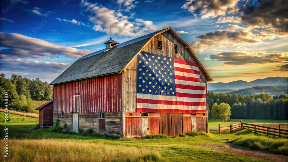 Obraz premium rustic barn painted with the American flag, set in a peaceful countryside