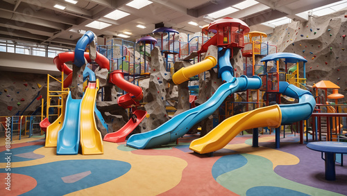 a large, colorful indoor playground with slides, climbing structures, and tunnels.