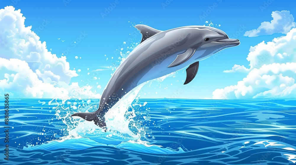 Fototapeta premium A cartoon illustration of a dolphin jumping out of the water.