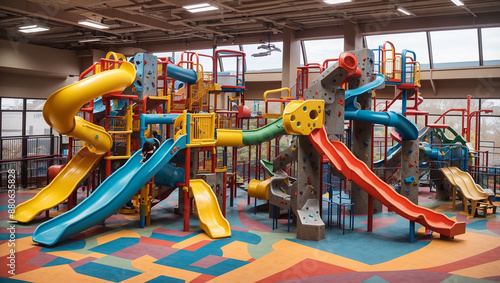 Wallpaper Mural a large, colorful indoor playground with slides, climbing structures, and tunnels. Torontodigital.ca