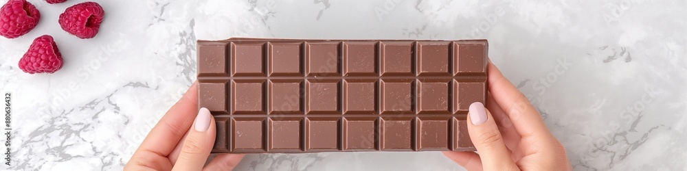 Fototapeta premium Chocolate bar in hand, wide panoramic banner with copy space.