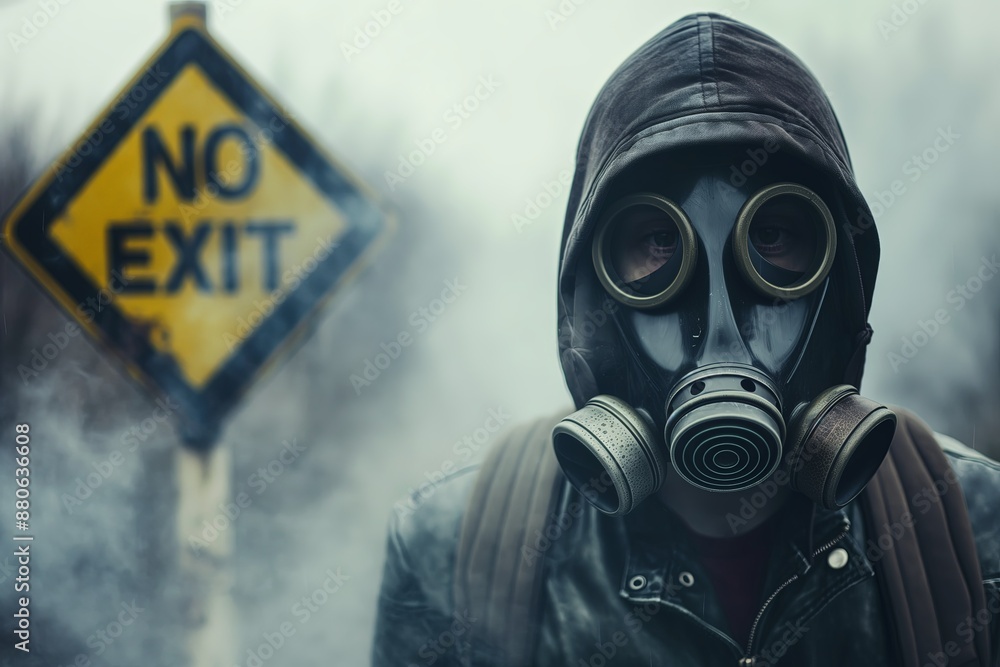 A hooded figure wearing a gas mask is depicted beside a weathered A hooded figure wearing a gas mask is depicted beside a weathered