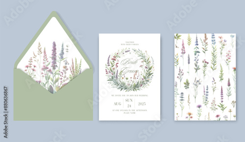 Watercolor wedding invitation template set with wildflower and garden flowers.